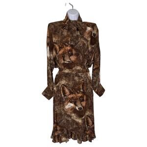 80s 90s Vintage Donna Mizar Fox AOP 100% Silk Blouse and Skirt Set Brown 38 XS